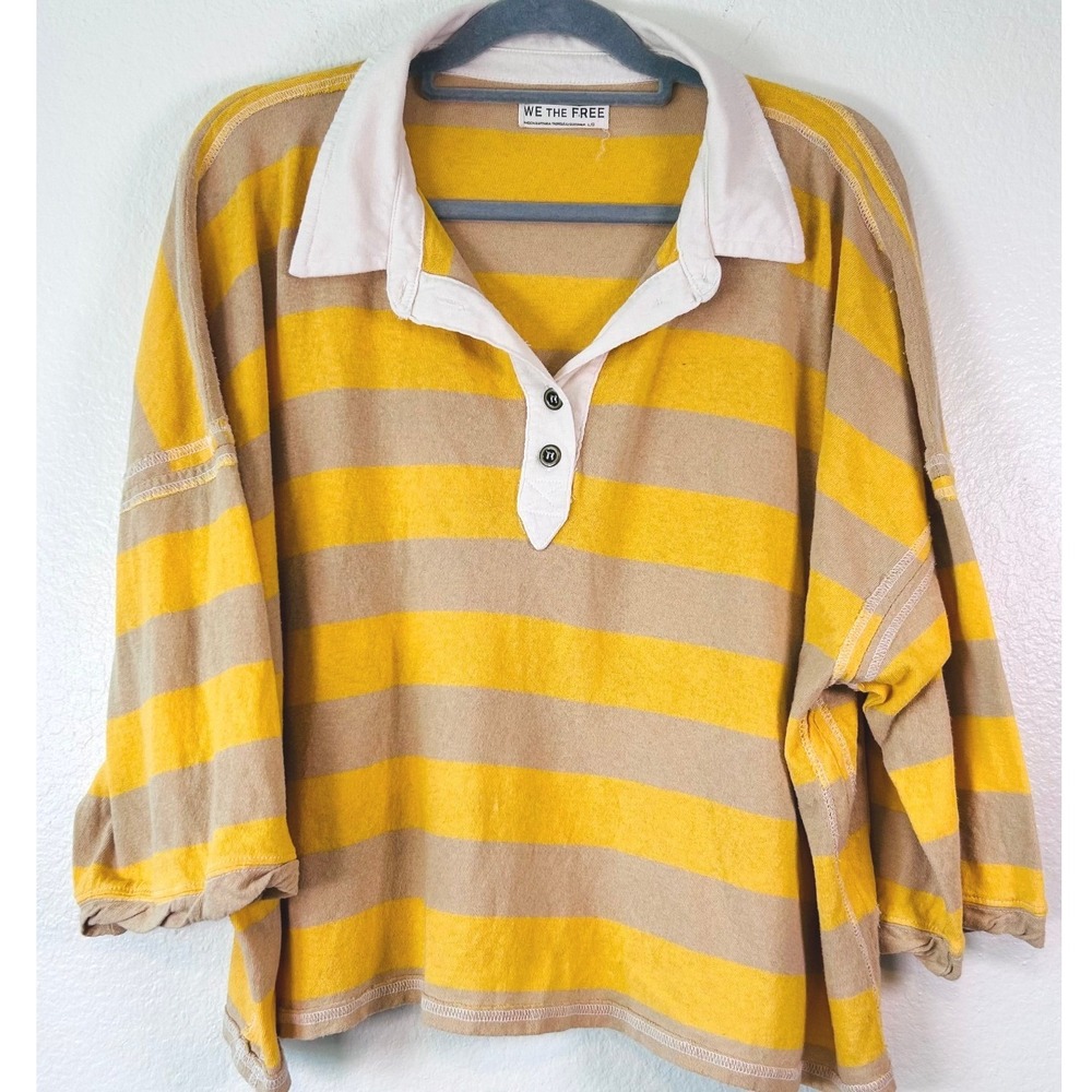 We The Free People 90s Retro Yellow Tan Striped Rugby Top Cotton Oversized SZ L
